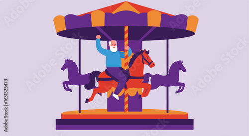 Man on Carousel Horse, Riding, Amusement Park, Joyful Background, Vector Graphic