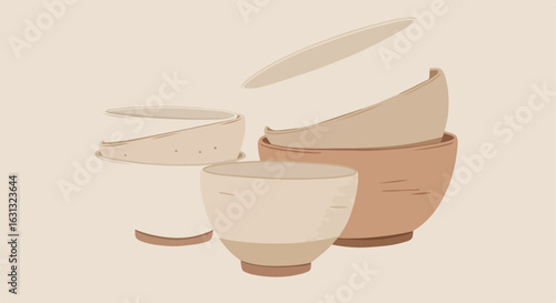 Neutral ceramic bowls stacked in still life; food blog, store, or lifestyle use