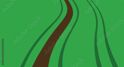 Brown curving pathway through a green meadow, graphic. Use wayfinding