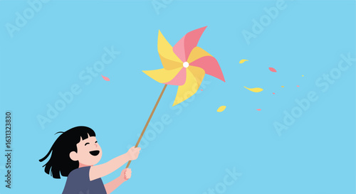 Child holding a pinwheel on clear background with falling elements for education use