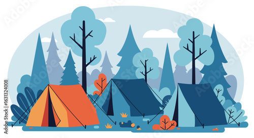 Tents camping, outdoors, in a forest, trees in the background. Use Camping Illustration