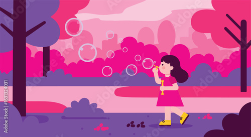 Girl blowing bubbles in parkland with stylized forest background for web design