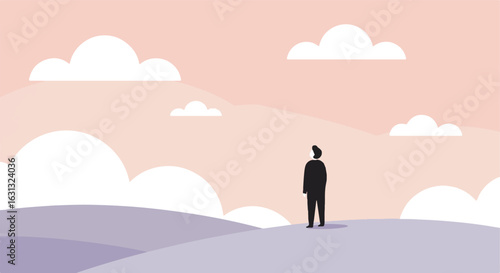 Figure stands on hill looking ahead at cloudy sky, dreaming. Concept art design