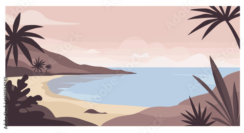 Idyllic tropical beach illustration with palms, calm waves, and mountain background