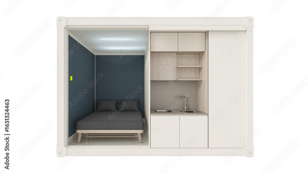 Fototapeta premium Modern compact living concept showcasing a smartly designed modular home unit on an isolated