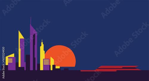 Skyline view against sunset. Tall buildings with river. Digital use image