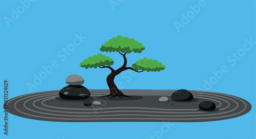 Minimalist Japanese Zen Garden with Raked Sand and Stones on Clear Blue Background
