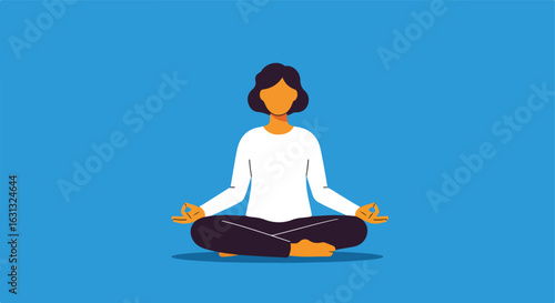 Woman meditating indoors against a blue background for well-being concepts