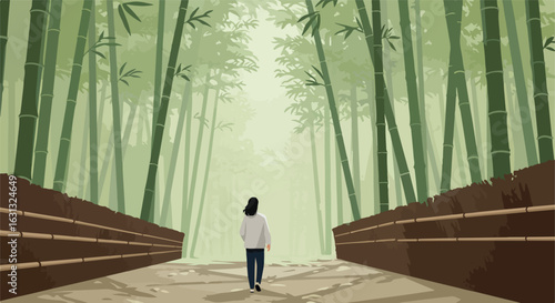 Woman walking away on path surrounded by bamboo in a serene, foggy landscape