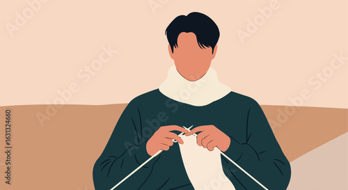 Person knitting indoors, sitting on couch with abstract background, for craft blog