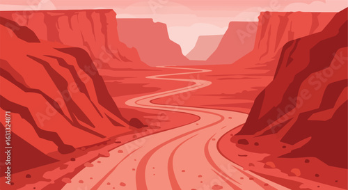 Illustration of River through Grand Red Canyon Valley Used to Depict Remote Terrain