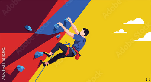 Climber on wall; Indoor climbing for fitness with colorful background and cloud shapes