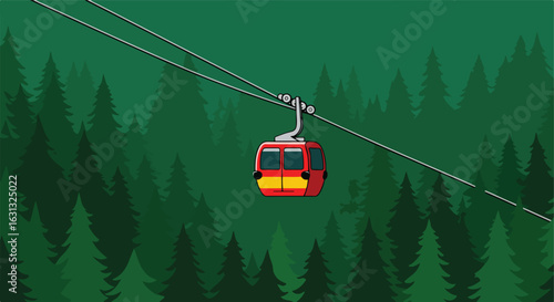 Cartoon cable car is traveling above the evergreen forest. Great for websites