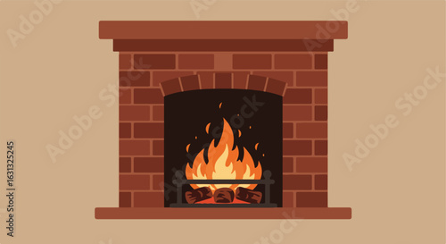 Fire burning in brick fireplace. Background is a beige wall. Use Card, blog