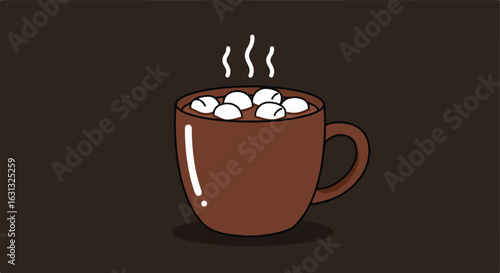 Hot chocolate with marshmallows steaming in a mug against brown background