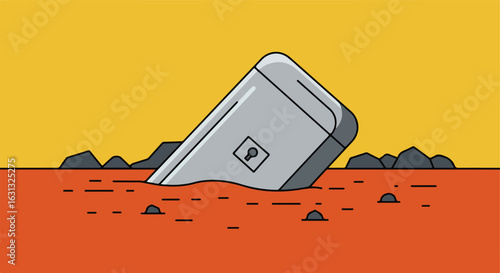 Grey phone partially submerged in red liquid against a yellow, rocky background