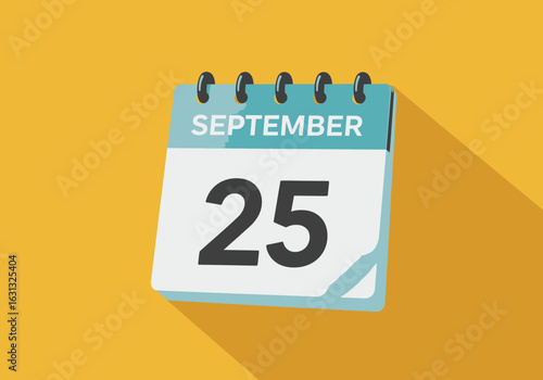 Daily calendar icon showing September 25, a flat design vector illustration with a long shadow effect on a yellow background.
