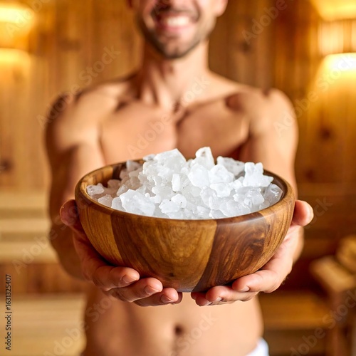 Man holding bowl of ice in sauna (1)