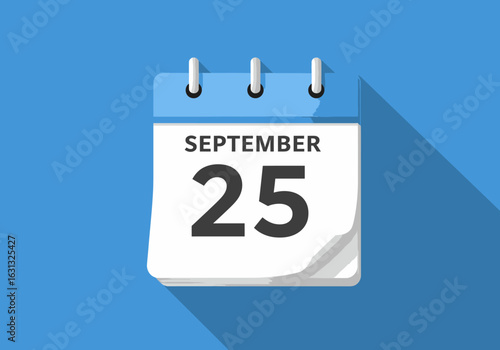 Daily calendar icon for September 25 in a modern flat design. Vector illustration with a long shadow on a blue background.