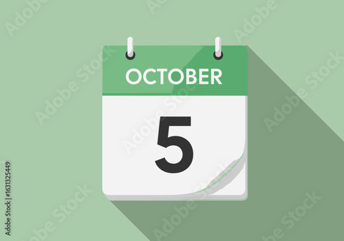Vector illustration of a calendar for October 5th. A daily date icon with a page curl and long shadow effect in a flat design style.