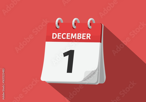 Daily calendar icon showing December 1st, the first day of the month. Vector flat design illustration with a long shadow on a red background.
