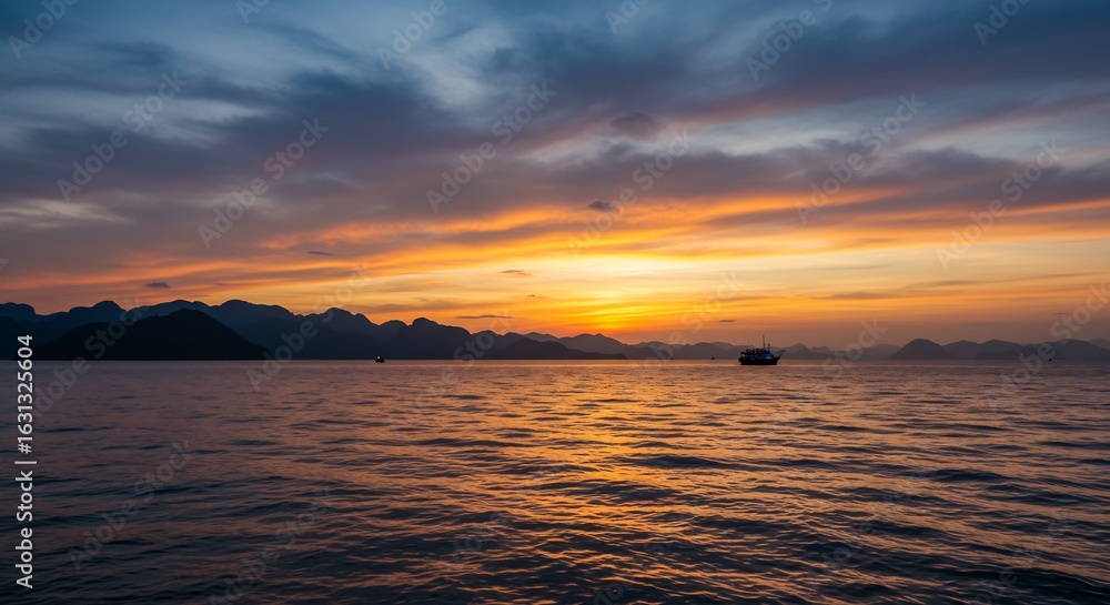 Obraz premium 夕焼け空に染まる静かな海と山々の絶景が広がる風景写真