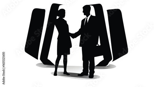 Silhouette of business people shaking hands with abstract shapes in the background artfully done