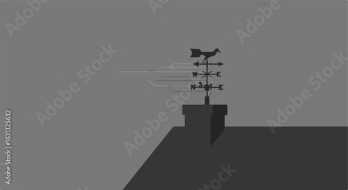 Weather vane turns on rooftop chimney against clear grey sky. Use weather