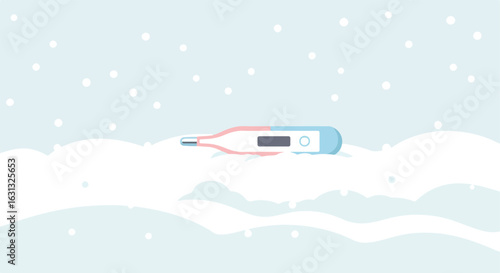 Thermometer rests in snow during snowfall. Medical advice concept on winter health