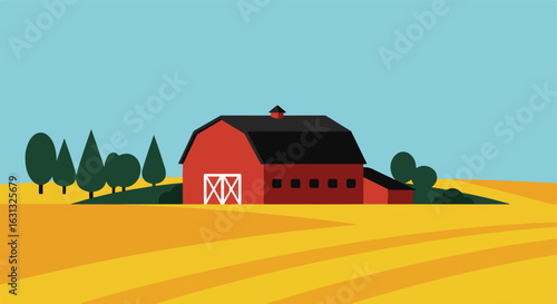 Farm house in field landscape. Trees in the background for web site illustration