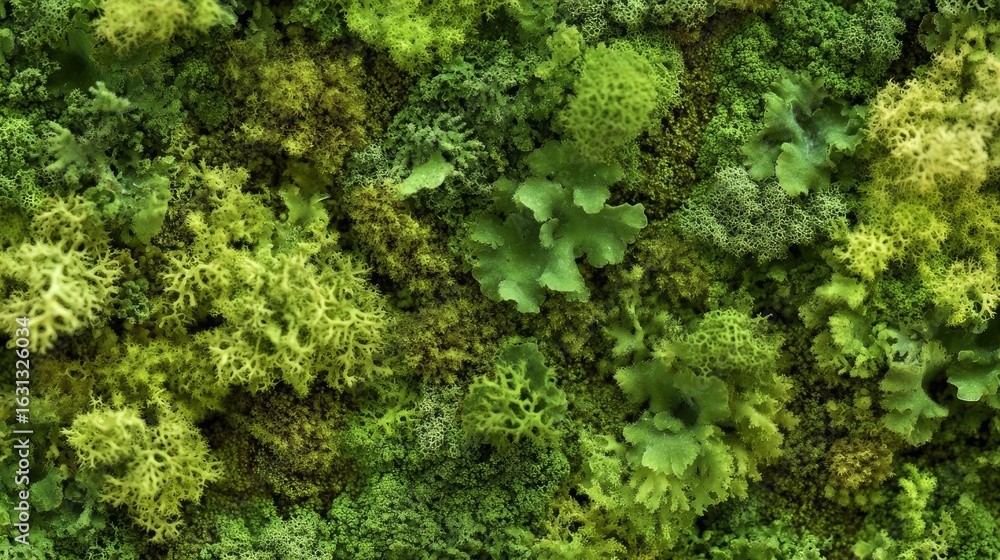 Naklejka premium 29.A close-up shot of stabilized moss and lichens, preserved with glycerin, offering a rich, green texture perfect for use in interior designs. The moss and lichen fill the frame with their intricate