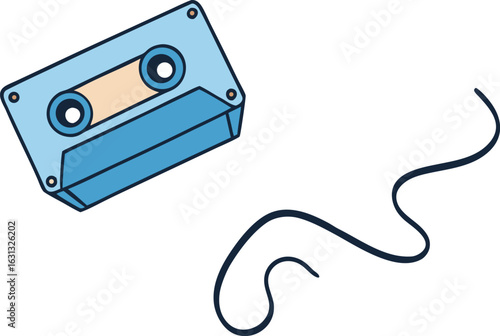 Cassette tape unraveling with tangled magnetic tape flying outwards