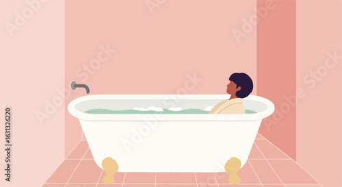 Woman Relaxes in Bathtub with Bubbles in Pink Bathroom. Self-care Image