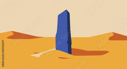 Blue stone column rises in desert, sand dunes backdrop, symbolizing progress