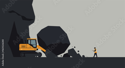 Excavator Moves Boulders As Inspector Walks at Rockface