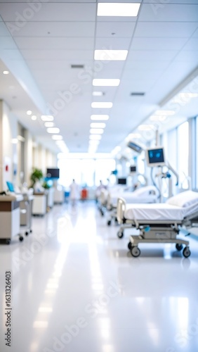 Blurred view down a bright hospital corridor with several beds and medical equipment