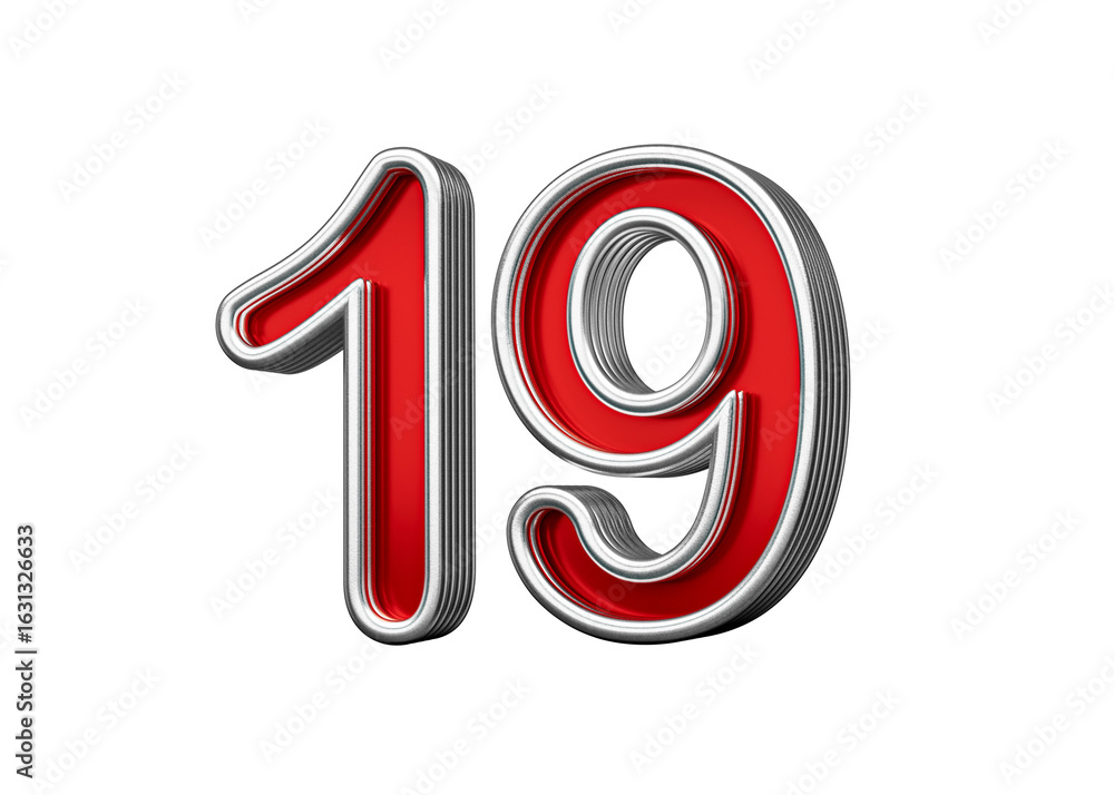Obraz premium Vibrant Red Number Nineteen 19 With Metallic Gleam And Beveled Edges, 3D Illustration