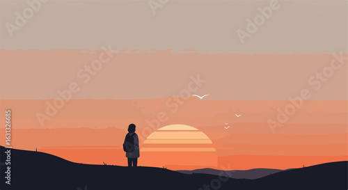 Person watches sunset over landscape with birds for illustration or blog use