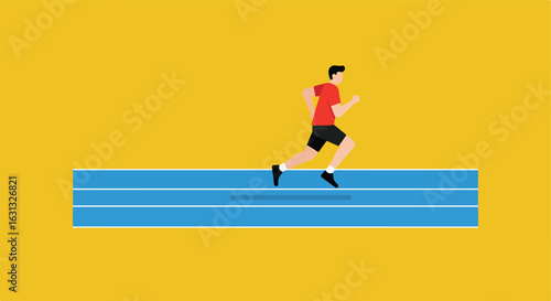 Runner sprints on a track with yellow background. Use sport and fitness