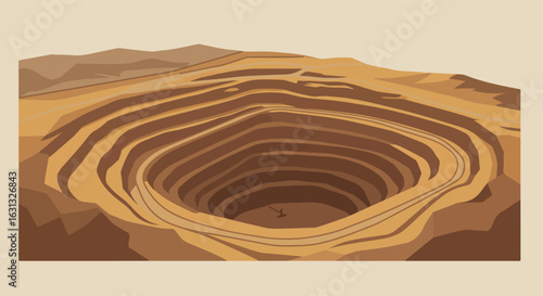 Mining pit digging dirt in a mountain landscape for resource extraction use