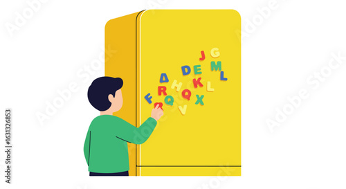 Boy learning alphabet by playing with fridge magnets in a bright kitchen