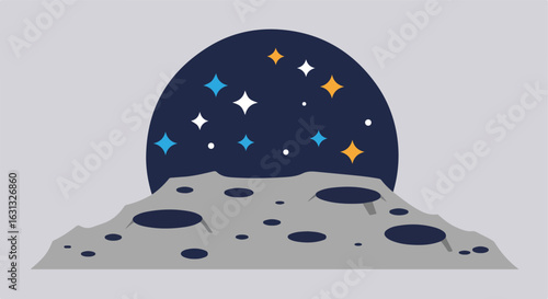 Moon surface with craters shows starry night sky. Space exploration concept