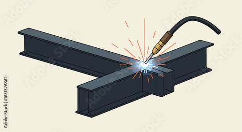 Welding steel I-beams together, sparks flying, construction application
