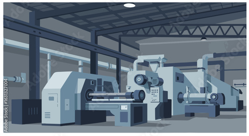 Automated Machinery Cuts Metal Rods in Factory with Overhead Crane Background