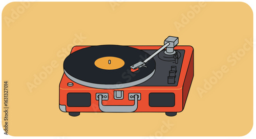 Red Record Player on Orange Background. Illustration. Vintage music concept