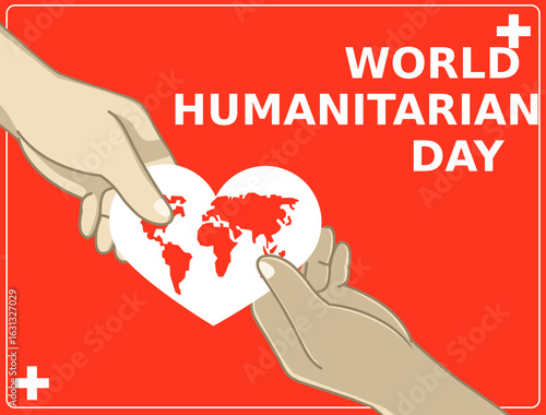 An inspiring illustration highlighting World Humanitarian Day, featuring two hands holding a heart symbol, depicting global compassion and unity with vibrant red and white hues.