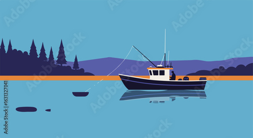 Trawler docks on scenic lake. Background shows silhouette of hills and pine trees