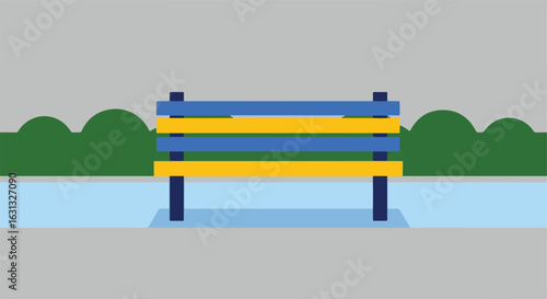 Empty bench in park with bushes on gray background, place for rest