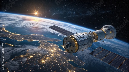 Satellite orbiting earth space exploration technology view
