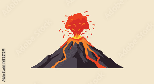 Cartoon Volcano Erupting with Lava Flowing on Light Background for Educational Use